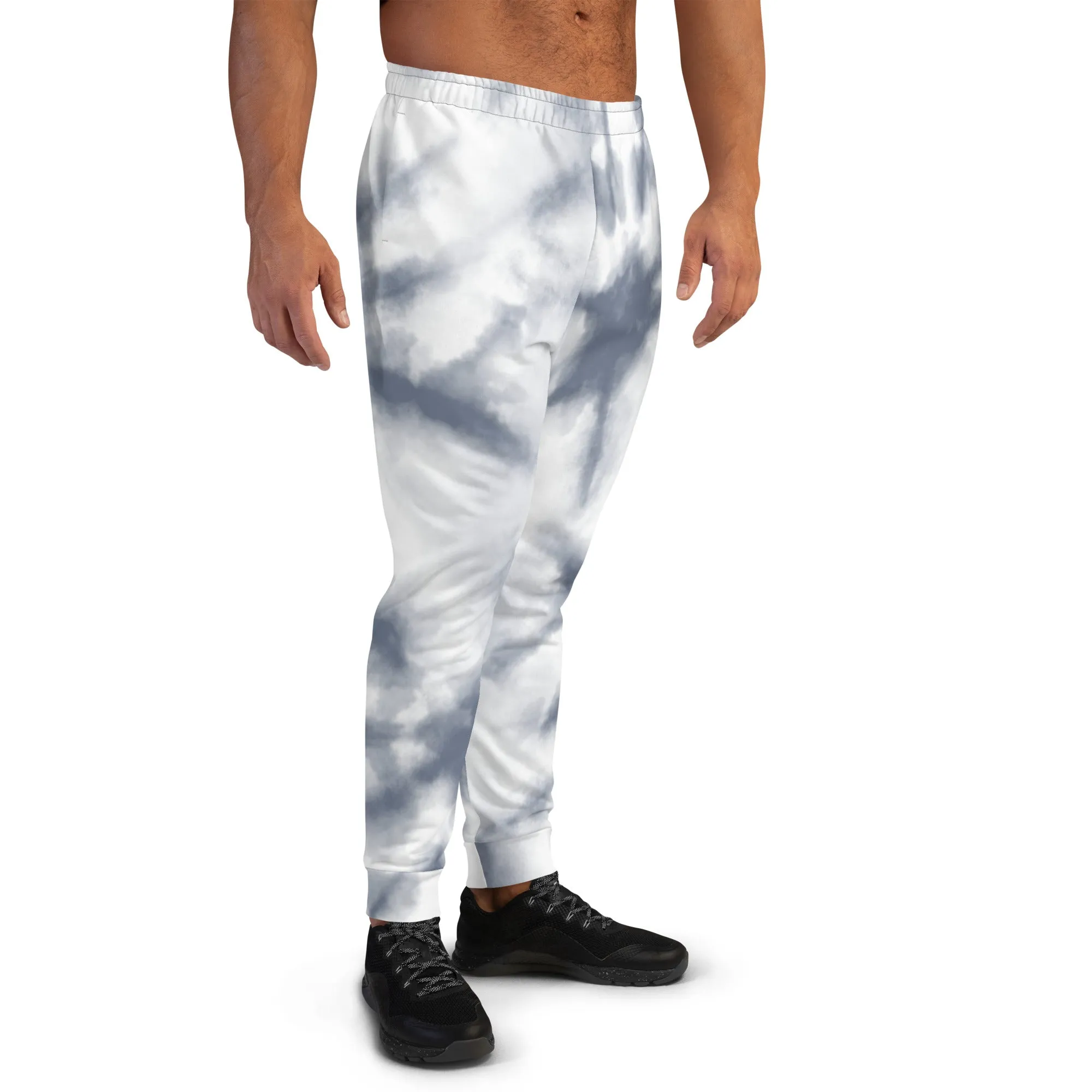 Grey White Abstract Men's Joggers, Tie Dye Designer Premium Sweatpants For Men - Made in USA/EU/MX