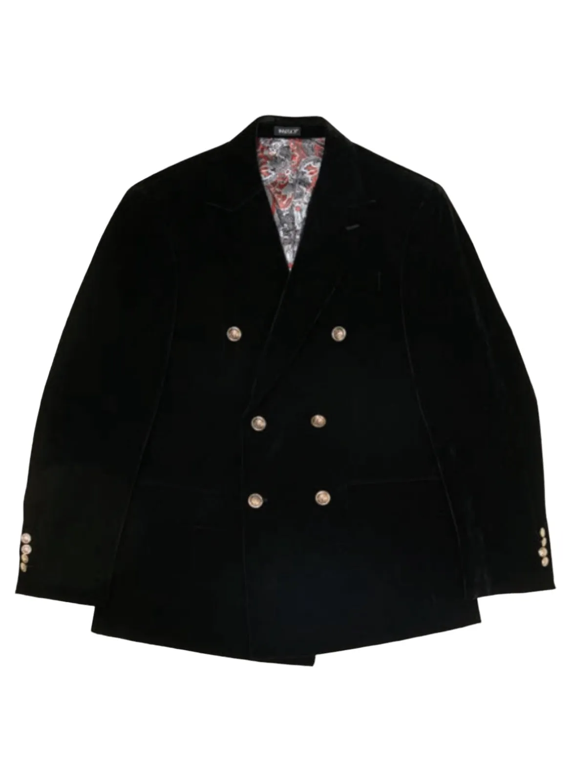 Inserch Black Double Breasted Peak Lapel Velvet Blazer with Gold Buttons