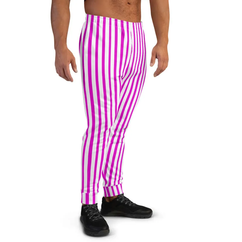 Pink White Striped Men's Joggers, Circus Colorful Party Casual Soft Sweatpants-Made in EU